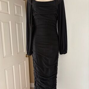 MEROKEETY LONG SLEEVE SQUARE NECK MESH BODYCON MIDI DRESS